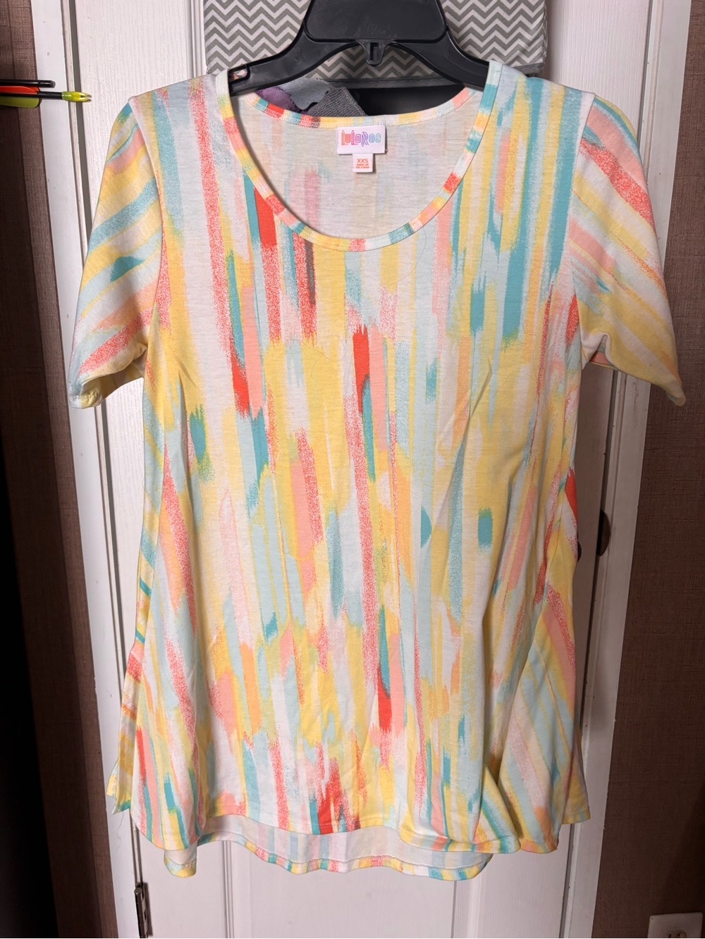 LuLaRoe Short-Sleeve Brushstroke Top - Yellow, Coral, Aqua, Cream